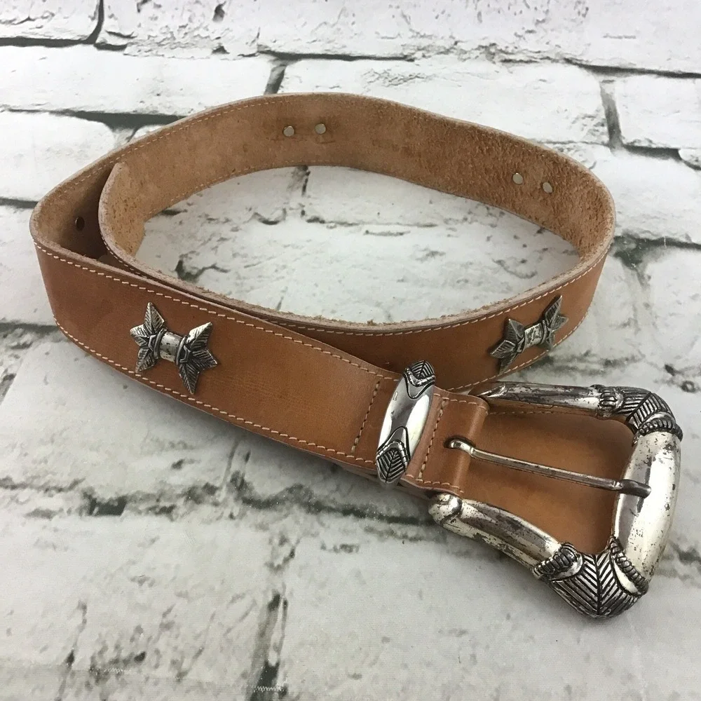 Womens Sz S Belt Western‎ Silver-Tone Buckle Studded Rodeo Tan Faux Leather